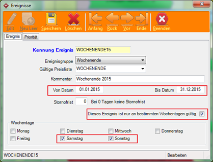 Hotelsoftware - Wochenendzeiten festlegen