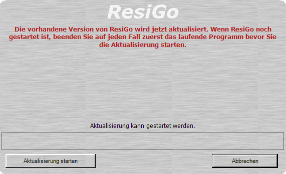 Starten Sie aus dieser Maske das Upgrade Kassensoftware ResiGo